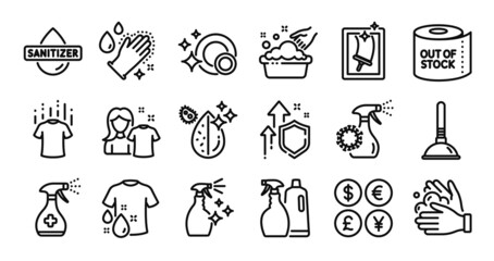 Window cleaning, Hand sanitizer and Washing cleanser line icons set. Secure shield and Money currency exchange. Clean dishes, Clean shirt and Toilet paper icons. Vector