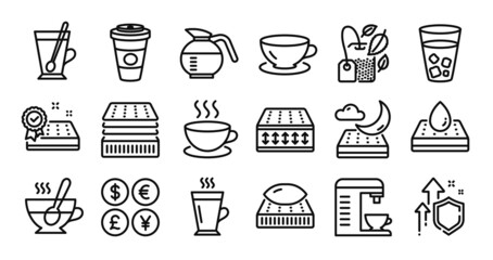 Deluxe mattress, Coffee machine and Waterproof mattress line icons set. Secure shield and Money currency exchange. Latte, Mint bag and Cappuccino icons. Vector