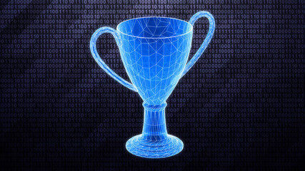 Three-dimensional trophy isolated on dark hi-tech background in binary cyberspace. 3D illustration.