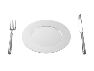 Empty plate, fork and knife isolated on white background. 3D Illustration.