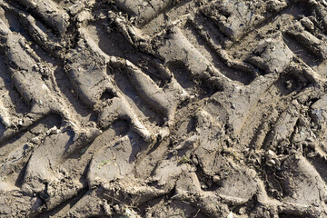 Tractor tyre tracks in deep mud 