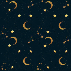 Obraz na płótnie Canvas Golden moons and stars on black background, Seamless pattern for wallpaper, textile, wrapping, scrapbooking