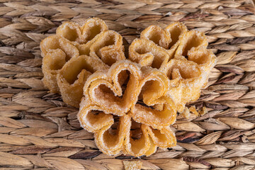 Sweet rosette flowers fried with sugar typical of Extremadura, Andalusia and Castilla, Spain. Christmas, Easter, Carnival.