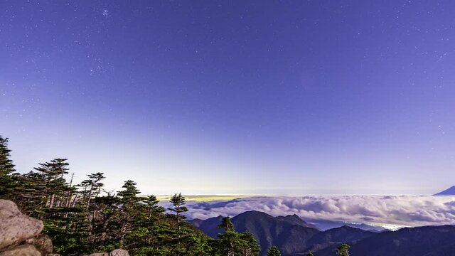 国師ヶ岳からの星空雲海と富士山