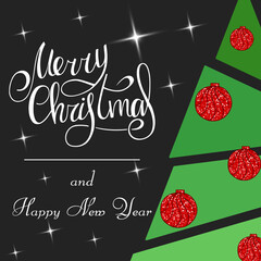Naklejka premium Handwritten lettering Merry Christmas and Happy New Year 2022. Christmas tree with red sparkling balls.