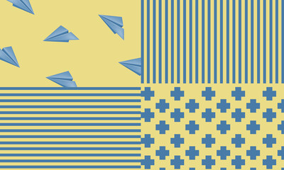 cream background with paper planes, pluses and stripes