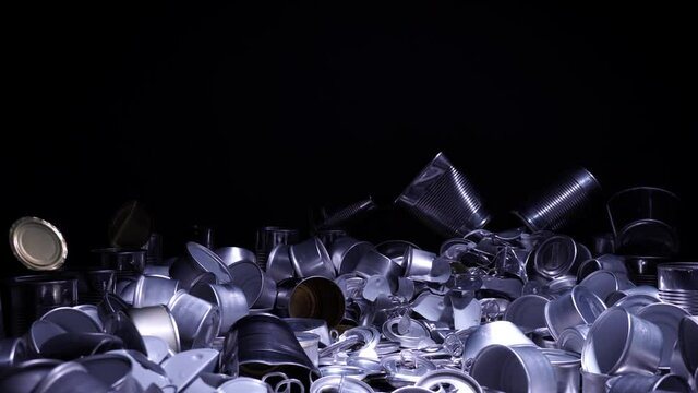 Metal aluminum cans. Non biodegradable garbage with copy space for advertising. Recyclable aluminum garbage, environmental issues. Empty used sorted and ready to recycle.