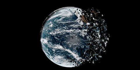 Disintegration of the world globe on black background, fragmented earth. (Elements of this image furnished by NASA)