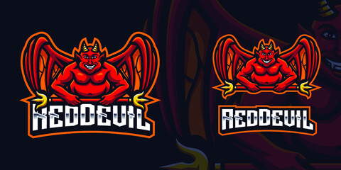 Red Devil Holding Staff Mascot Gaming Logo Template