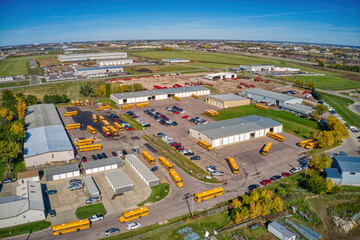 Aerial View of a School Bus Yard during Departure Time