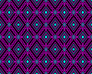 Magenta Turquoise Tribe or Ethnic Seamless Pattern on Black Background in Symmetry Rhombus Geometric Bohemian Style for Clothing or Apparel,Embroidery,Fabric,Package Design