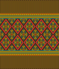 Yellow Green Ethnic or Tribal Seamless Pattern on Brown Background in Symmetry Rhombus Geometric Bohemian Style for Clothing or Apparel,Embroidery,Fabric,Package Design