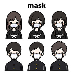 人物イラストセット_学生_マスク