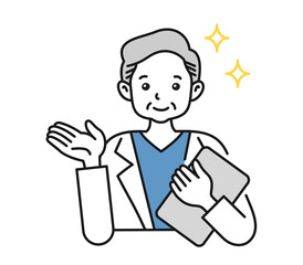 案内や説明をする白衣を着た年配男性の看護師/医師のイラスト素材