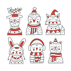 Christmas set of winter animals. Funny deer, bear, owl, penguin, rabbit and fox in cute clothes. Doodle style. Outline and red color. Vector illustration.