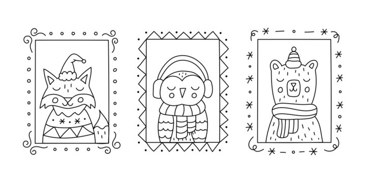 Cute Christmas animals in frames. Ideal for coloring books, stamps, tags. Doodle style. Vector illustration.