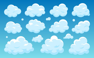 Cloud blue flat set. Cartoon clear weather symbol for game app widget website interface. Meteorology wallpaper splash element cloudless sky 2D. Free nodding shape postcard book advertising isolated