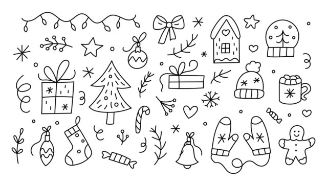 Christmas doodle set. Hand drawn cute icons. Ideal for coloring books, stamps, invitations and others. Vector illustration.
