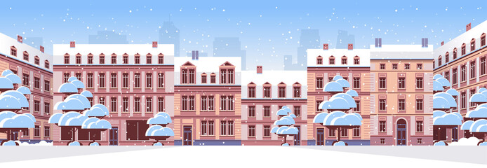 winter city street with modern houses exterior urban buildings facade horizontal