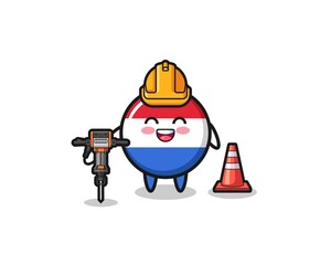 road worker mascot of netherlands flag holding drill machine