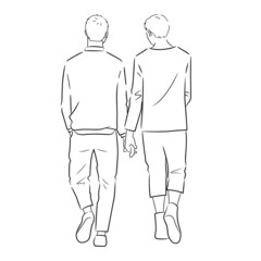 Illustration of back view of same sex couple on a walk (white background, vector, cut out, line art)