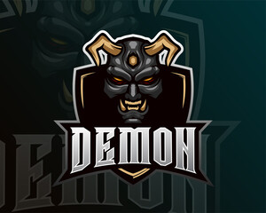Demon with gold horn esports logo design. illustration of samurai mask mascot design. emblem design, suitable for team your team tournament.