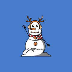 Cute snowman with earmuff, deer bandana cartoon vector illustration