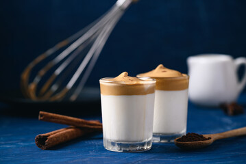 Dalgona coffee, Fluffy cream coffee whipping on cold or hot milk, Korean coffee style