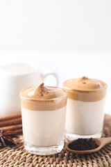 Dalgona coffee, Fluffy cream coffee whipping on cold or hot milk, Korean coffee style