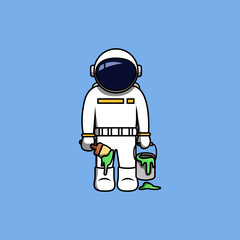 Astronaut with green paintbrush and bucket cartoon vector illustration