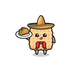 cracker Mexican chef mascot holding a taco