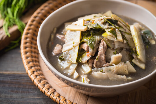 Northeastern Thai food, Spicy bamboo shoot soup with pork and vegetables, Local Thai food