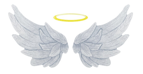 Watercolor grey delicate angel wings with gold halo. Realistic wings illustration.