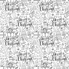 Seamless pattern in doodle style. Winter endless illustration is hand-drawn. Happy New Year 2022 and Merry Christmas. Handwritten lettering, Christmas tree with toys, snowmen and other winter elements