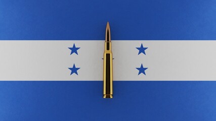 3D rendering of top down view of a single rifle bullet in the center and on top of the national...