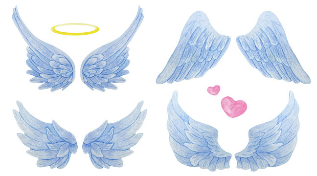 Set of watercolor blue angel wings with gold halo and hearts. Realistic wings illustration.