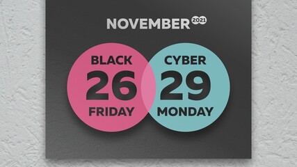 Close-up of a black beautiful banner on the wall with marking Black Friday and Cyber Monday dates of November 2021