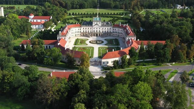 Drone footage of Palace Esterházy Kastléy in Hungary and courtyard