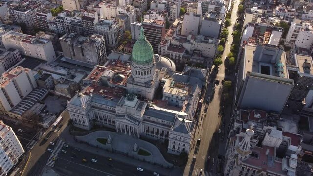Aerial top down view over historical building of Palace of Argentina National Congress, Buenos Aires, Argentina.