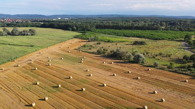 Drone shot of hay field in the Hernad Valley in Hungary