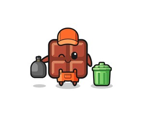 the mascot of cute chocolate bar as garbage collector