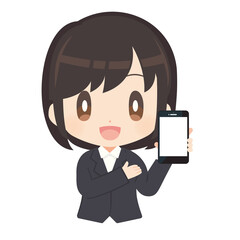 スマートフォンを持ったスーツ姿の女性イラスト