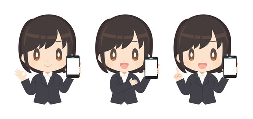 スマートフォンを持ったスーツ姿の女性イラストセット