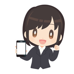 スマートフォンを持ったスーツ姿の女性イラスト