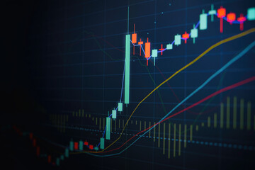 Close up financial chart with uptrend line graph in stock market on monitor background