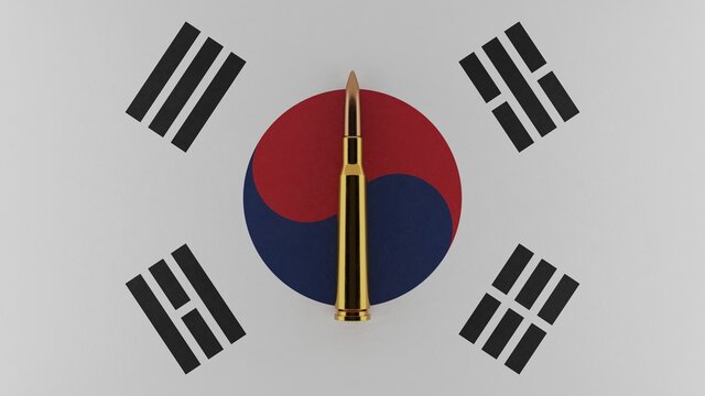 3D rendering of top down view of a single rifle bullet in the center and on top of the national flag of South Korea