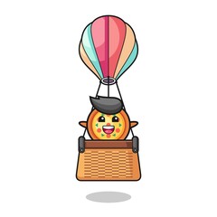 pizza mascot riding a hot air balloon