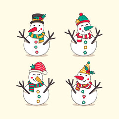 Set of Hand Drawn Snowmen for the Christmas Decoration.