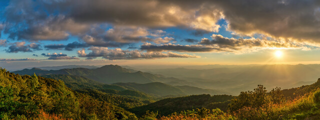 Tropical forest nature landscape sunset view with mountain range at Doi Inthanon, Chiang Mai...