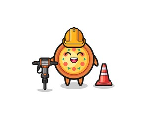 road worker mascot of pizza holding drill machine